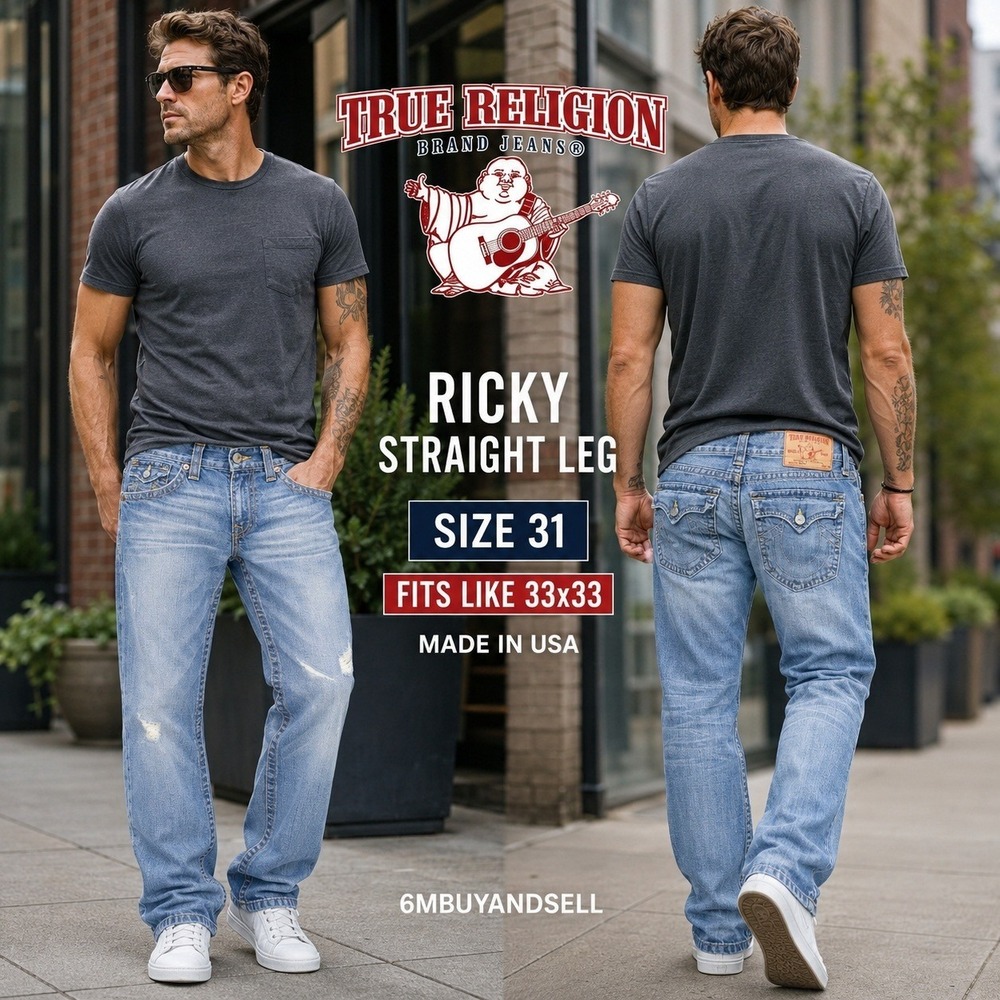 True Religion Ricky Straight Leg Jeans Mens 31 Fits 33x33 Blue Light Wash USA